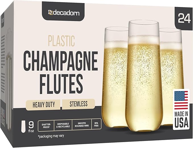 Clear Stemless Champagne Flutes Plastic 24 Pack - 9oz Plastic Champagne Glasses - Durable and Sturdy Mimosa Glasses For Parties - Shatterproof, Recyclable, BPA-Free, Smooth Rims.