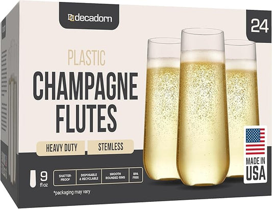 Clear Stemless Champagne Flutes Plastic 24 Pack - 9oz Plastic Champagne Glasses - Durable and Sturdy Mimosa Glasses For Parties - Shatterproof, Recyclable, BPA-Free, Smooth Rims.