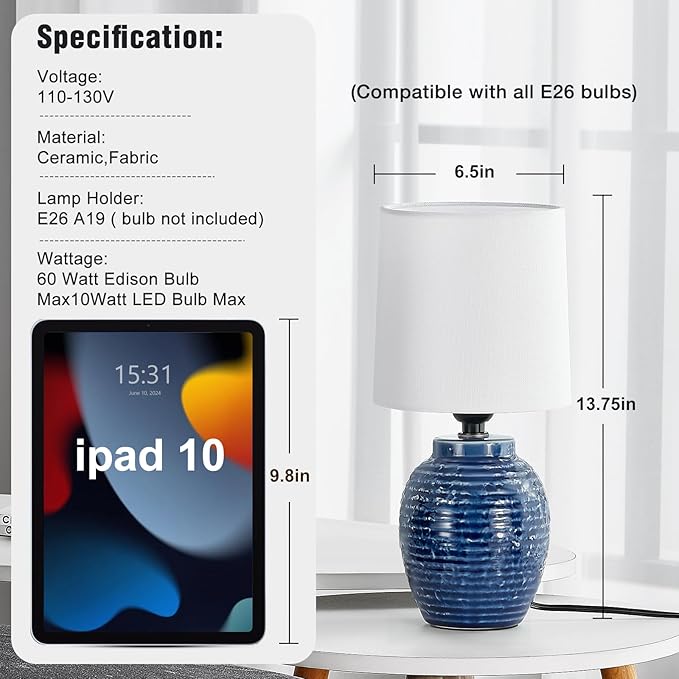 Table Lamps Set of 2-13.75" Small Bedside Lamps - Classic Farmhouse Ceramic Table Lamp for Bedroom, Living Room, Nightstand, Office, Side Desk Lamp, End Table