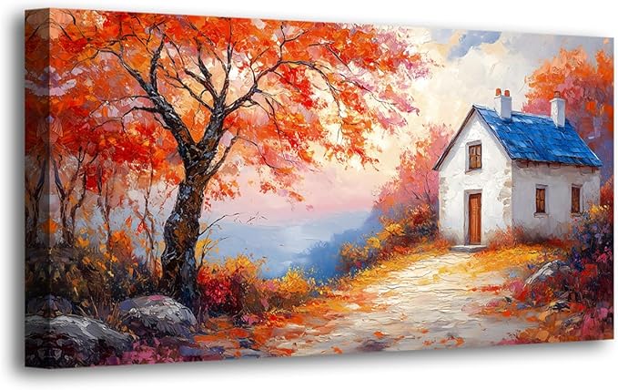 Autumn Scenery Canvas Wall Art Bedroom Wall Decor Living Room,Abstract Wall Art Office Paintings Artwork Modern Abstract Village House Red Tree Pictures Art Prints Ready to Hang-20x40inch