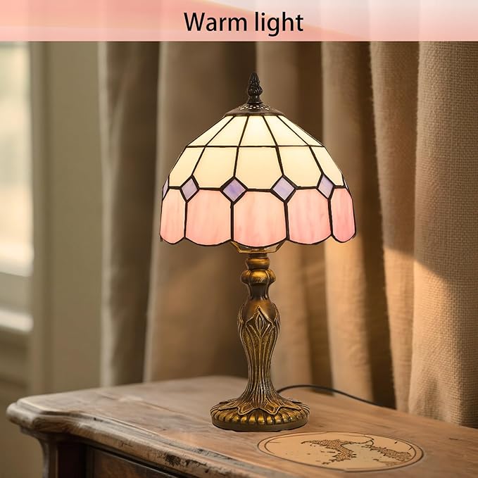 Tiffany-Style 8 Inch Table Lamp Mediterranean Series Stained Glass Lampshades Small Bedside Lamp Reading Antique Desk Light Livingroom Bedroom Office Vintage Art Deco Victorian(Color:Pink)