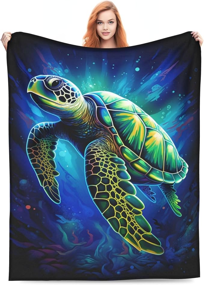 Sea Turtle Blue Blanket Turtles Shell Waves Flannel Throw Blankets for Home Decor Couch Bed Sofa Soft Fuzzy Lightweight Gifts for Kids Adult 60x50 Inches