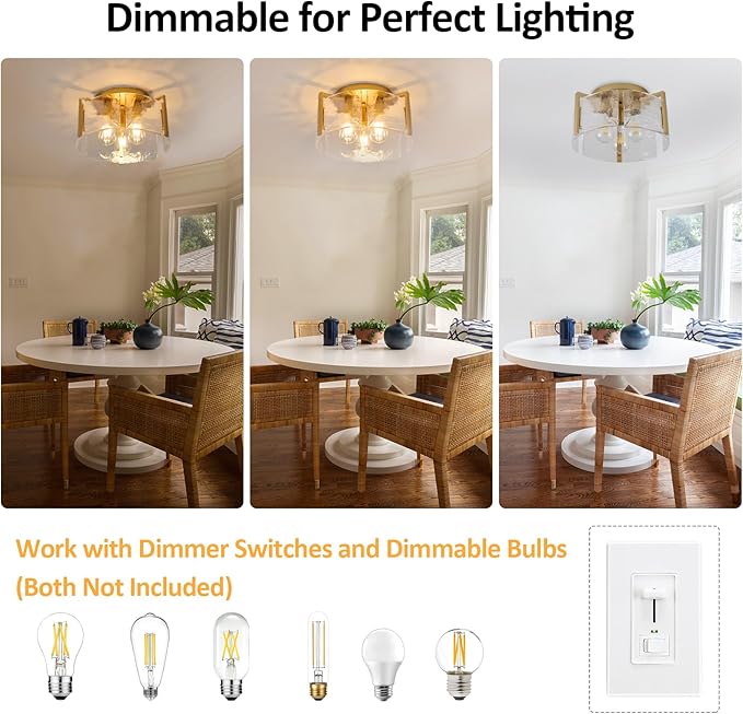 Modern Semi Flush Mount Ceiling Light Fixture, Gold Hallway Light Fixtures Ceiling Mount, Dimmable Foyer Kitchen Lighting Fixtures Ceiling Lights for Bedroom Bathroom Dining Room Laundry Room Entryway