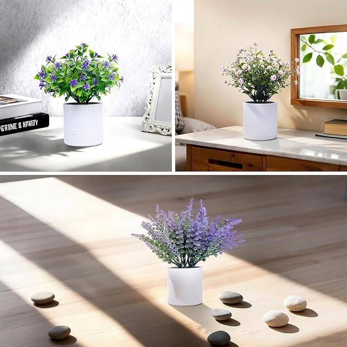 FGSAEOR Mini Potted Fake Plants, Small Artificial Greenery Realistic Plants Topiaries, Low Maintenance, for Home Office Shelf Desk Farmhouse Room Coffee Table Decor (3-Pack) (Purple Pink)