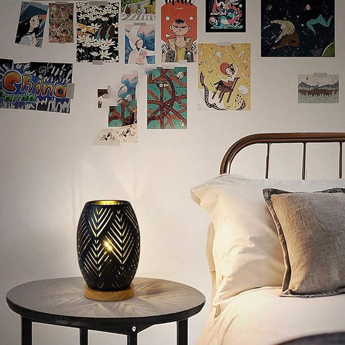 OuXean Bedside Table Lamp, Small Night Light Metal Lampshade and Wood Base, E12 40W Desk Lamp for Bedroom Living Room Home Decor Office Restaurant Bar, Black(Without Bulb)