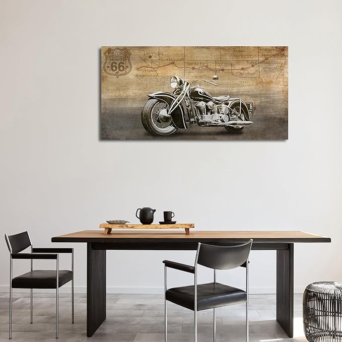 arteWOODS Vintage Motorcycle Canvas Wall Art - Historic Route 66 Retro Vehicle Pictures for Men Boys Bedroom Wall Decor Modern Motorcross Canvas Print Artwork Home Office Wall Decoration 24" x 48"