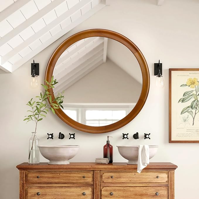Round Wood Mirror for Wall,36 Inch Circle Decorative Mirror with Walnut Frame,Rustic Bathroom Hanging Vanity Mirror for Entryway,Bedroom or Living Room