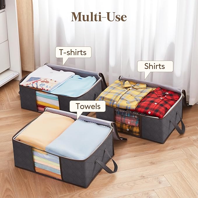 Lifewit 4 Pack Clothes Storage Bag, Foldable Storage Bin Closet Organizer with Reinforced Handle, Sturdy Fabric Blanket Storage with Clear Window, Storage Containers for Clothing, Bedding, Gray