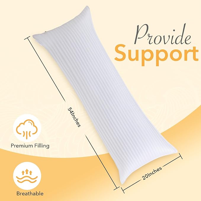 Oubonun Premium Striped Body Pillow, Breathable Cooling Cotton Cover, Soft and Fluffy 3D Down Alternative Microfiber Filled, Long Bed Pillow for Side Sleepers, 20"x54"