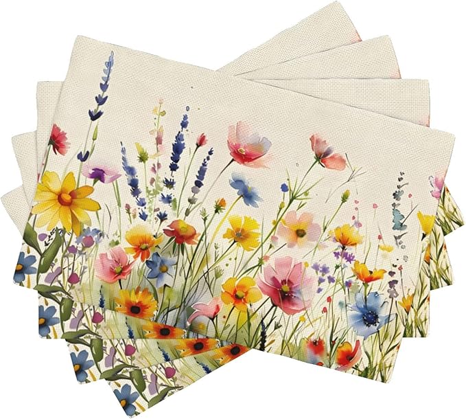 Daisy Lavender Floral Spring Garden Placemat Set of 4,12x18 Inch Garden Plants Linen Washable Fabric Table Mats for Holiday Decoration Kitchen Dining Table Place Mats