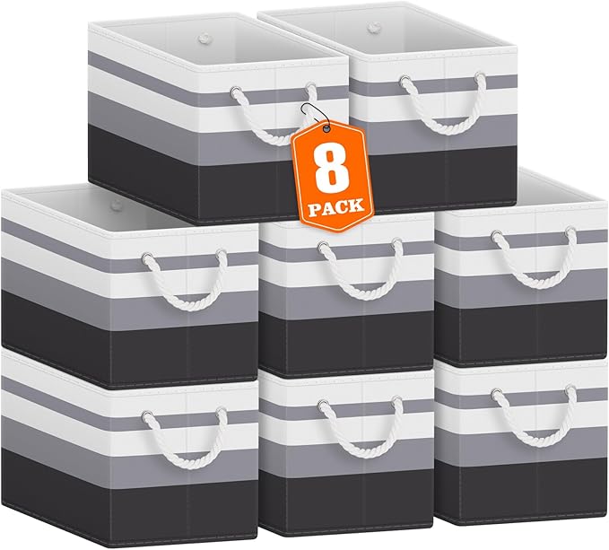 Fab totes Storage Bins [8-Pack], Foldable Storage Baskets for Organizing Toys, Books, Shelves, Closet, Large Storage Box with Rope Handles, Sturdy Organizer Bins,Gradient Grey
