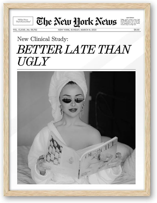 iHery Natural OAK Wood Trendy Retro Newspaper Headline Framed Wall Art, Large 16x20 in Better Late Than Ugly Vintage Bedroom Canvas Wall Art,Beige Preppy Funky Bathroom Living Room Decor Set of 1