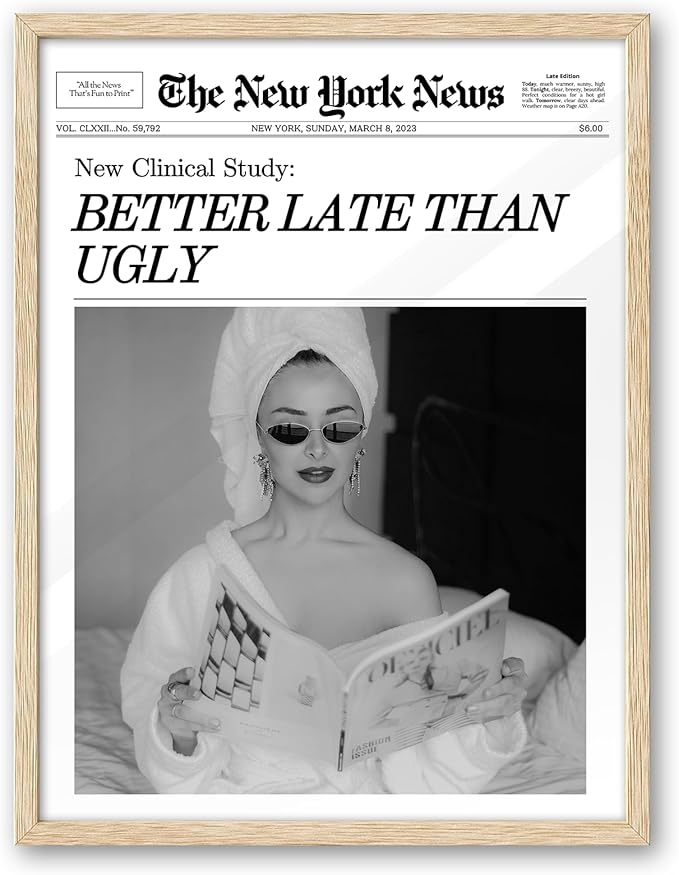 iHery Natural OAK Wood Trendy Retro Newspaper Headline Framed Wall Art, 12x16 in Better Late Than Ugly Poster Vintage Canvas Print, Beige Frame Logs Preppy Funky Bathroom Décor Living Room Set of 1