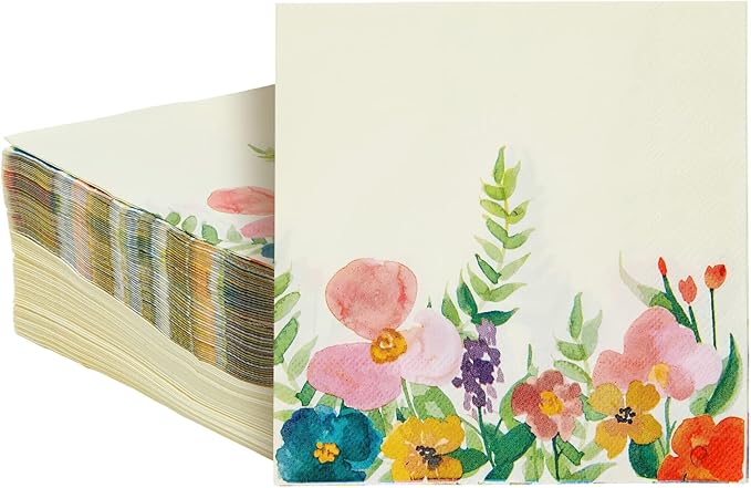 Juvale 100-Pack Floral Disposable Paper Napkins - 6.5 x 6.5 in Folded, 13 x 13 in Unfolded, Multicolor Vintage Wildflower, 2-Ply - For Garden Party Decor & Wildflower Party Decorations
