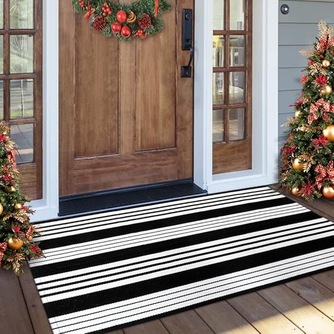 OJIA Cotton Black and White Striped Rug 2x4 Hand-Woven Indoor/Outdoor Area Rug Layered Door Mats for Front Porch/Entryway/Laundry Room/Bedroom/Outdoor