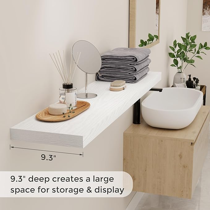 Fun Memories White Floating Shelves 48 Inch Long, Wood Wall Shelves 48x9.3x1.5, 9.3 Inch Deep Floating Shelf for Wall, Large White Shelves for Home Decor & Storage, Set of 2