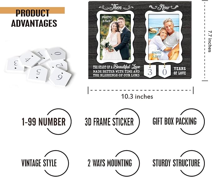 Then & Now Double Picture Frame Holds 3.5x5 Inches,1-99 Years of Love Anniversary Wedding Marriage Gifts for Couples - Christian Home Bedroom Decor for Wife and Husband