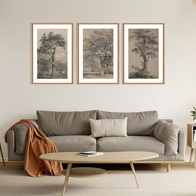 KAIRNE Vintage Tree Sketch Wall Art Set, Antique Tree Drawings Wall Decor, Nature Sketch Wall Painting, Framed Botanical Canvas Art Prints for Living Room, Bedroom, Dinning Room, Farmhouse - 16"x24"x3