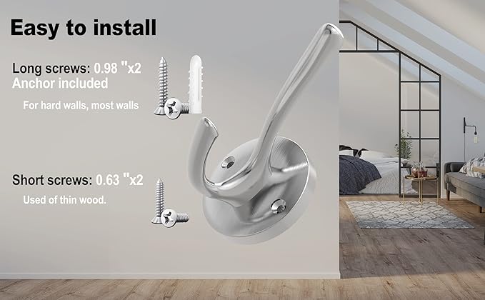 Brushed Nickel Robe Hooks Towel Hooks, 3 Pack Coat Hook Heavy Duty Mudroom Hook Double Bathrobe Hook Wall Mounted, Hat Hooks for Entryway Bathroom Kitchen Closet