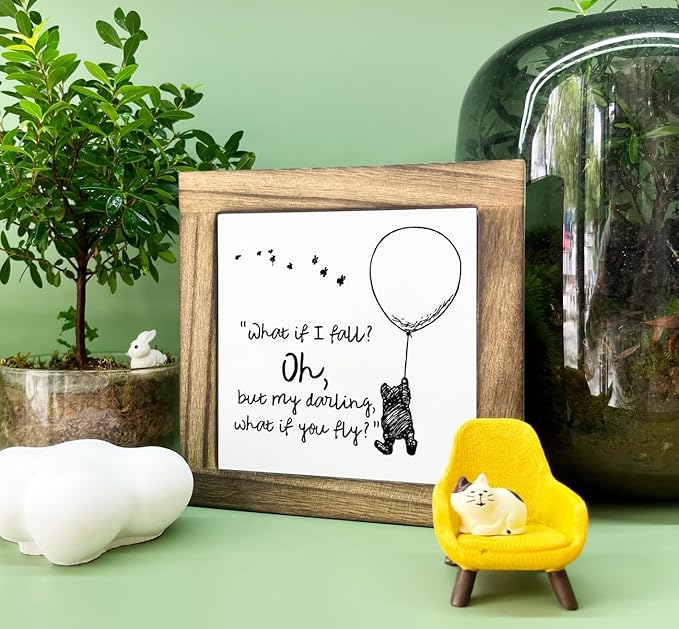 Inspirational Wood Sign - Desktop Plaque, Cartoon Lifestyle Decor, Motivational Home Decor for Kids & Adults - 'What If I Fall, Oh But Darling What If You Fly'