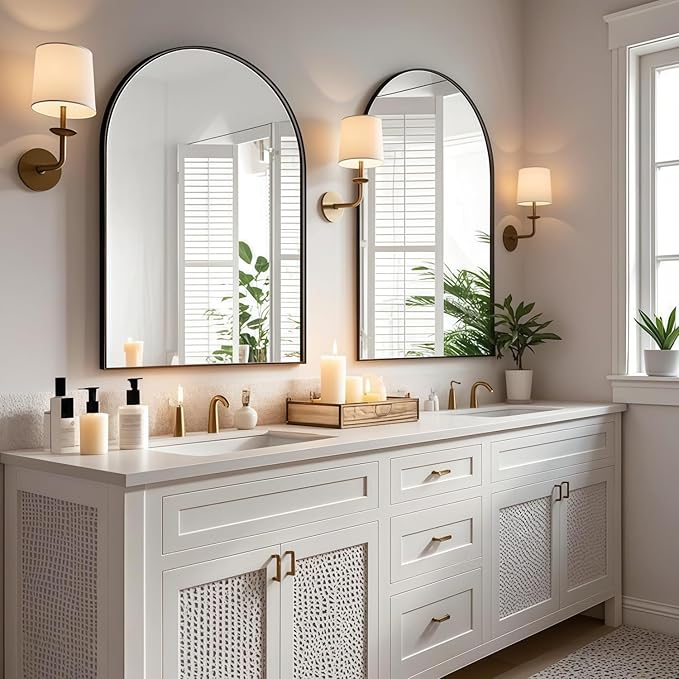 Wall Mounted Mirror, 24"x36" Arched Wall Bathroom Mirror, Black Vanity Wall Mirror with Metal Frame, Modern & Contemporary Arch Top Wall Mirror for Bedroom, Entryway, Living Room, Black