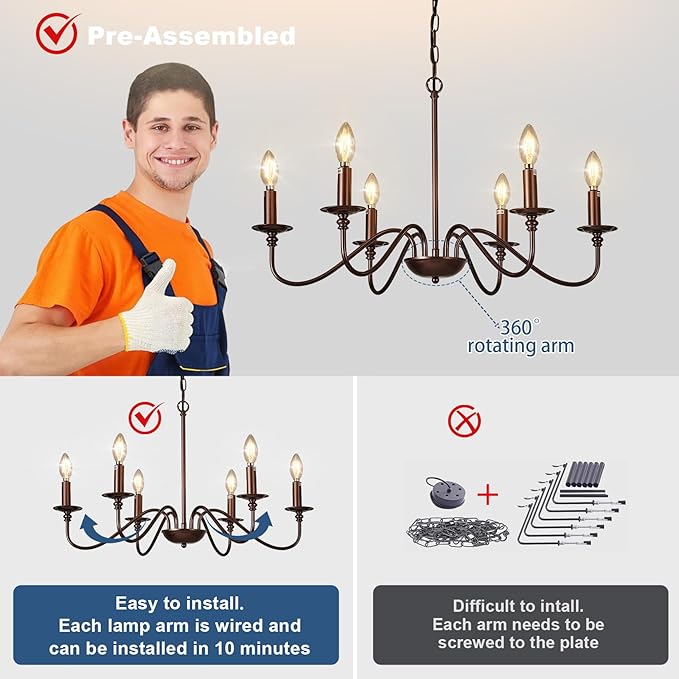 Depuley Farmhouse Chandelier for Dining Room: 6-Light Antique Industrial Hanging Ceiling Pendant Light Fixture for Kitchen - Oil-Rubbed Bronze Rustic Vintage Iron Candle Chandeliers for Entryway