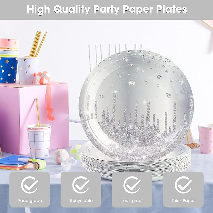 50PCS Silver Glitter Paper Plates - 7inch Silver Diamond Birthday Dessert Plate for Cake Salad Pizza Disposable plates Supplies for Girls Women Mermaid Anniversary Birthday Wedding Theme Party