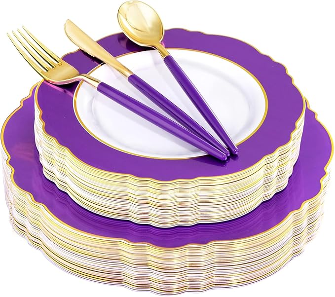 WDF 30Guest Purple Plastic Plates with Gold Rim & Disposable Gold Plastic Silverware With Purple Handle - Baroque Party Plates Mardi Gras Plate for Birthday Parties