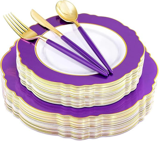 WDF 30Guest Purple Plastic Plates with Gold Rim & Disposable Gold Plastic Silverware With Purple Handle - Baroque Party Plates Mardi Gras Plate for Birthday Parties