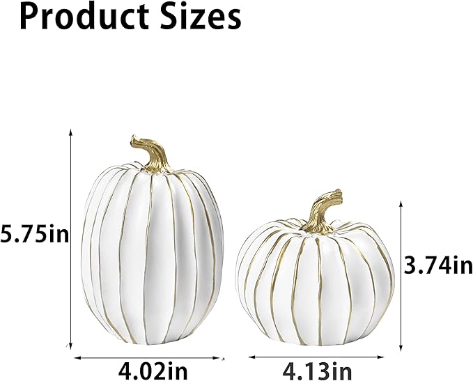 Fall Pumpkin Decor, White and Gold Decorative Pumpkins, Thanksgiving Resin Pumpkins Figurine Set of 2, Elegant Fake Pumpkin Statues for Fall Home Decor, Tabletop Centerpiece, Harvest, Wedding