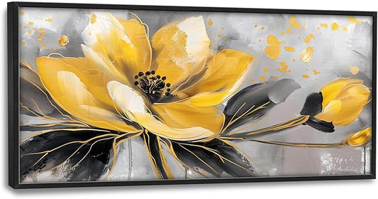 Framed Large Wall Art for Living Room, Yellow Floral Canvas Wall Decor, Gold Flower Pictures Painting, Natural Landscape Artwork for Living Room Bedroom Office 60L'' × 30W''