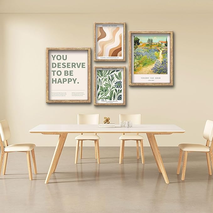 GUMEYJIA Modern Wall Art Print Set 4 Piece Wall Decor Collection Botanical Verde Desert Contemporary Van Gogh Garden Inspirational Quote Wood Frame (8"x10")
