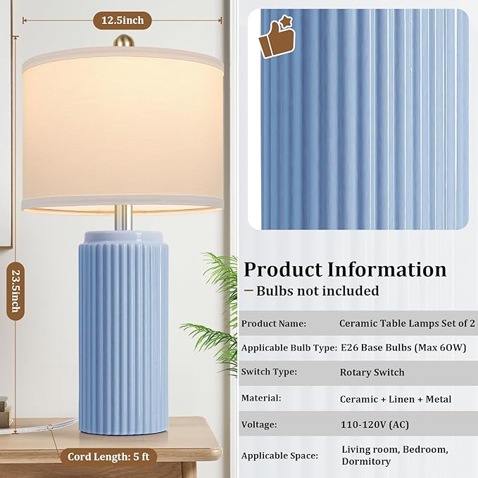 23.5’’ Sky Blue Farmhouse Table Lamps for Living Room Set of 2, Modern Elegant Ceramic Bedside Nightstand Lamps with White Linen Shade for Bedroom, Coastal Lamps Set for Study Home Office