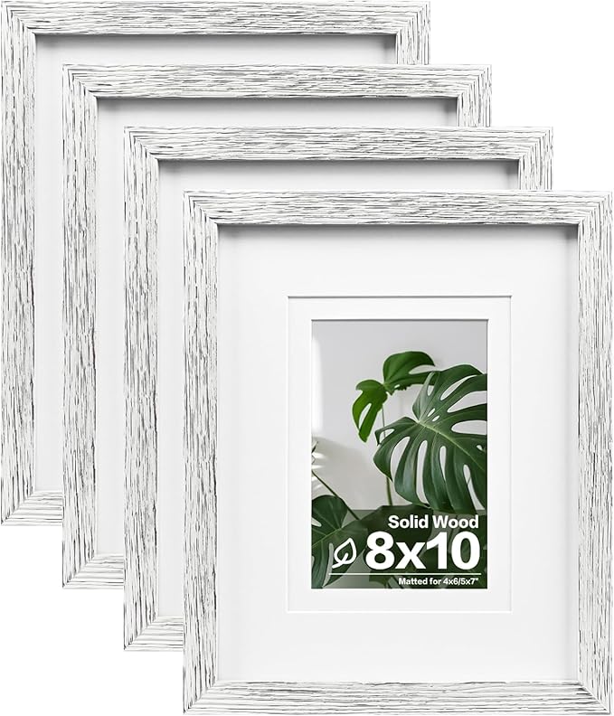 Egofine 8x10 Picture Frames Set of 4, Made of Solid Wood Covered by Plexiglass 4x6 and 5x7 with Mat or 8x10 without Mat, for Table Top Display and Wall Mounting Photo Frame Driftwood White