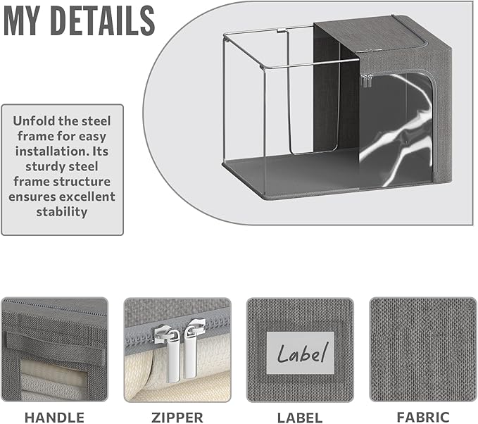 4 Pack Clothes Storage Bins with Metal Frame - 66L Stackable Storage Box with Lid，Foldable Storage Container Organizer for Clothes，Linen Fabric Storage Box with Clear Window＆Zippers＆Handles