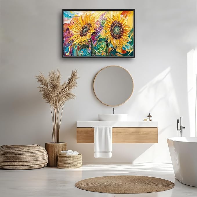 Framed Large Wall Art for Living Room, Sunflower Canvas Wall Decor, Flower Pictures Painting, Natural Landscape Artwork for Living Room Bedroom Office 36L'' × 24W''