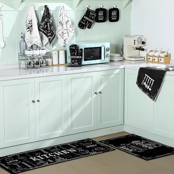 10 Pcs Farmhouse Kitchen Decor Sets, 4 Kitchen Dish Towels 2 Pot Holders 2 Oven Mitts Glove Rustic Black Non Slip Rugs and Mats for Floor Home Decorations Accessories Christmas Mom Gifts