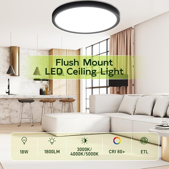 hykolity 2 Pack 9 Inch Selectable CCT LED Round Flat Panel Light, 18W 1800LM 3000K/4000K/5000K, Edge-Lit Flush Mount Ceiling Light Fixture for Kitchen, Bedroom, Laundry and Closet Room，Black