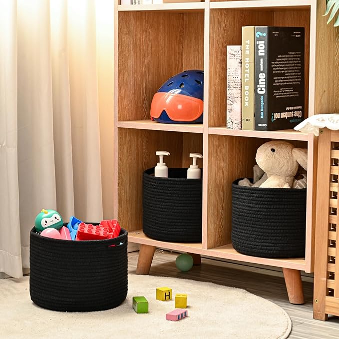 Small Black Baskets for Organizing, Storage Baskets for Shelves, Small Woven Basket for Storage, Cute Basket for Gifts, Mini Cotton Rope Baskets, 9.7"×9.7"×7" (3 Packs) Black