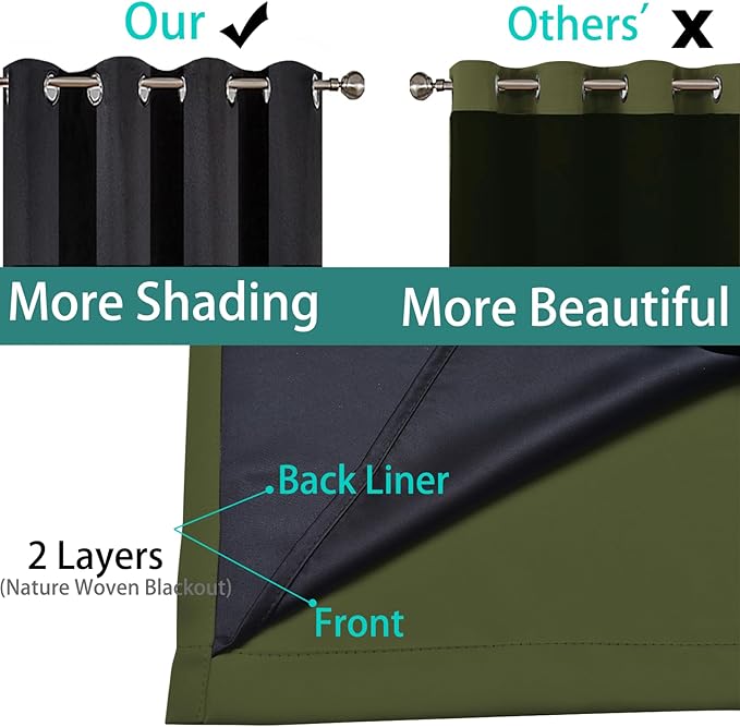 Yakamok Green 100% Blackout Curtains, Total Blackout Lined Curtain Panels for Bedroom, 2 Thick Layers Grommet Top Thermal Insulated Blackout Drapes for Living Room(52Wx84L, Olive Green, 2 Panels)