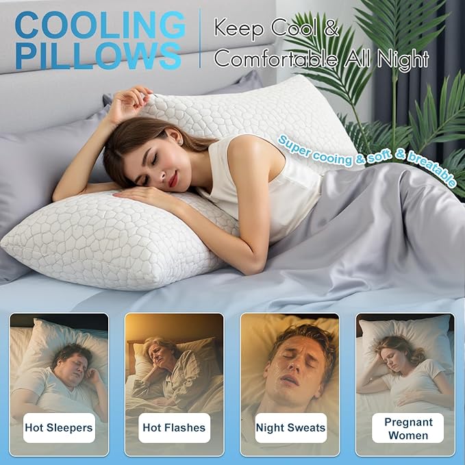 QUTOOL Cooling Pillows for Sleeping Shredded Memory Foam Pillows Gel Bed Pillow for Hot Sleepers Adjustable Pillow for Side Stomach Back Sleepers Home and Dorm Essentials for Deco, Gift for Women Men