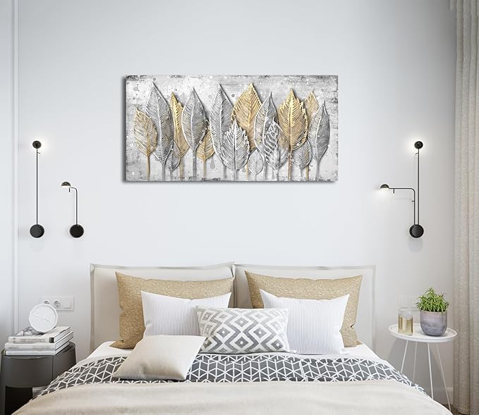 NINEASO Abstract Leaves Wall Art - Modern Aesthetic Nature Pictures Wall Decor Elegant Leaf Painting Grey White Splash Drops Canvas Print Natural Beauty Artwork for Living Room Bedroom 20" x 40"