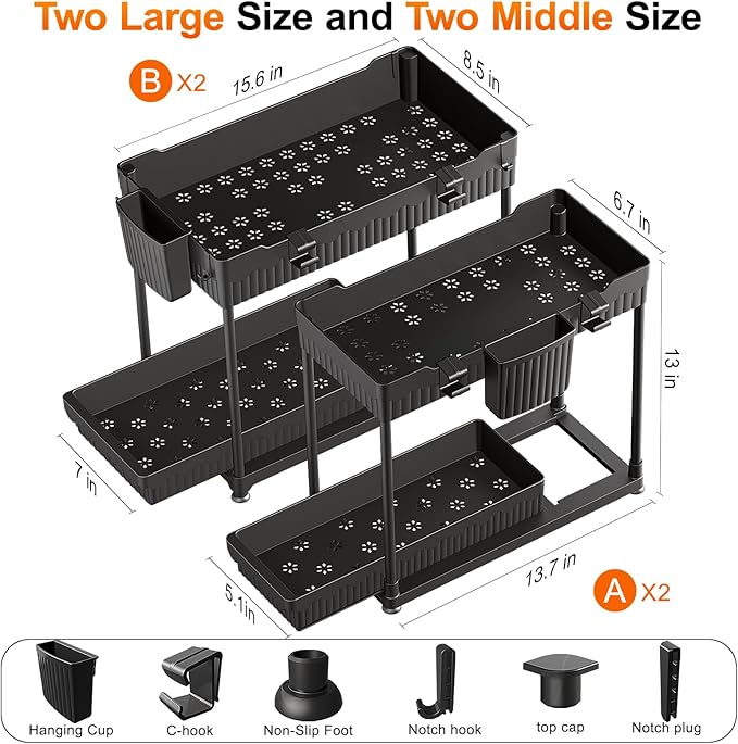 4 Pack Under Sink Organizer, Bathroom Organizers and Storage, 2 Tier Multi-Use Pull Out Cabinet Organizer with Hang Hooks and Cups (Black, 4 Pack)
