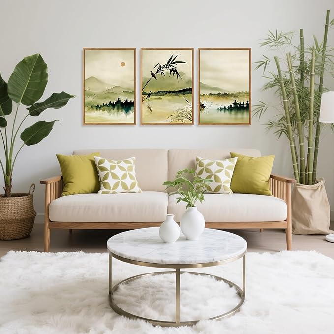 CHDITB Zen Landscape Framed Canvas Wall Art Set, Green Ink Wash Wall Decor, Mountain Lake Bamboo Art Spiritual Wall Painting, Vintage Ink Wash Art Prints for Living Room, Bedroom, Office-16 x24 x3