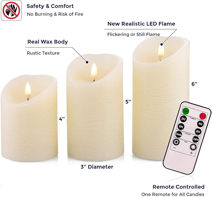 VENTA Set of 3 Warm Ivory Pillar Candles | Real Wax Battery Operated Candles with Flickering Flame | Timeless Year-Round Decor for Weddings, Mantels & Centerpieces