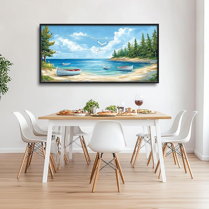 Framed Large Wall Art for Living Room, Beach Boat Canvas Wall Decor, Large Coast Sailboat Picture Framed Painting, Modern Artwork for Bedroom Office 60L'' × 30W''
