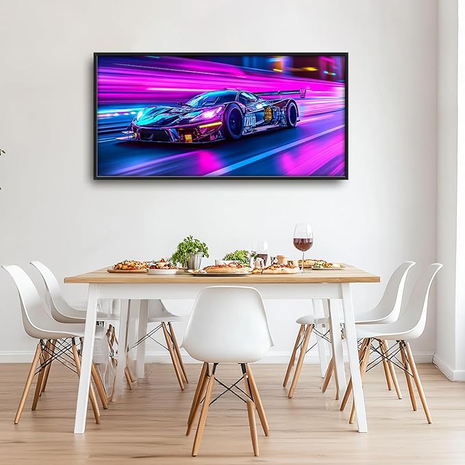 Flintis Large Racing Car Framed Wall Art Neon Race Supercar Pictures Wall Decor Abstract Colorful Car Canvas Painting Print Artworks Decor Framed for Living Room Bathroom Master Bedroom 60L X 30W