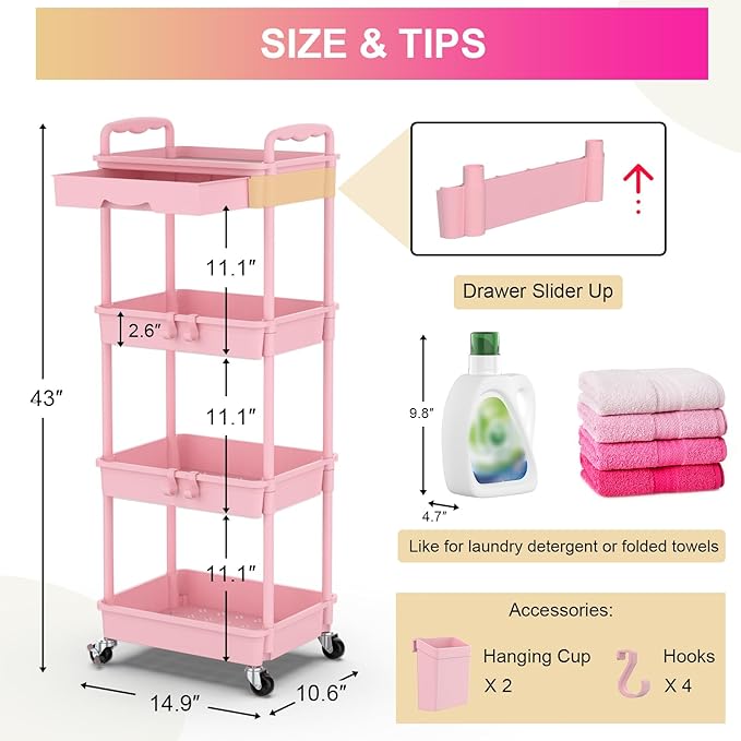 Goovilla 4 Tier Rolling Utility Cart Organizer with Removable Drawer, Stable and Sturdy Pink Rolling Storage Carts with 2 Lockable Wheels for Bathroom, Kitchen, Snack, Craft, Makeup, Baby Essentials