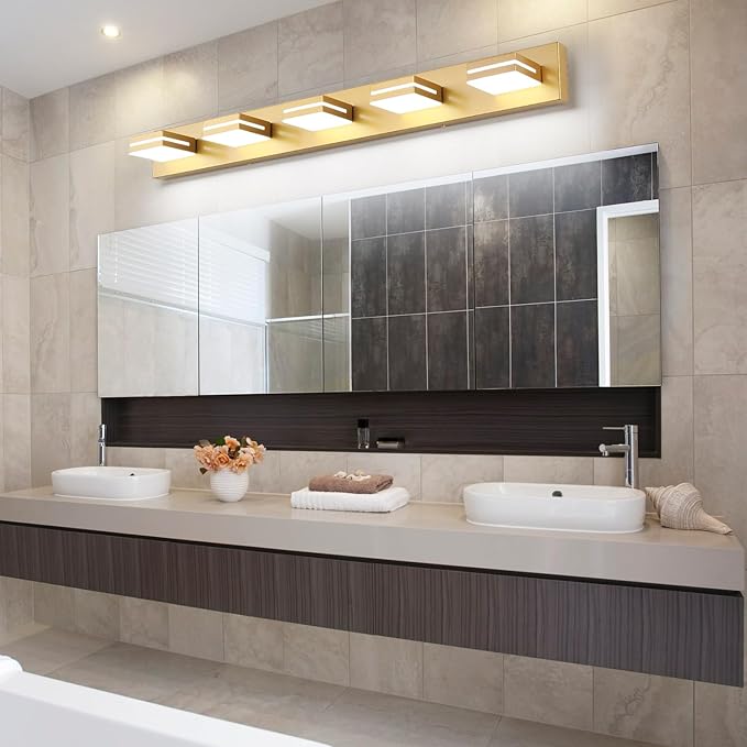 SineRise LED Modern Bathroom Vanity Light Fixtures (5-Light, 40-Inch, Dimmable), Matte Gold Modern Acrylic Bathroom Wall Lighting Fixtures Over Mirror (Cool White 6000K)