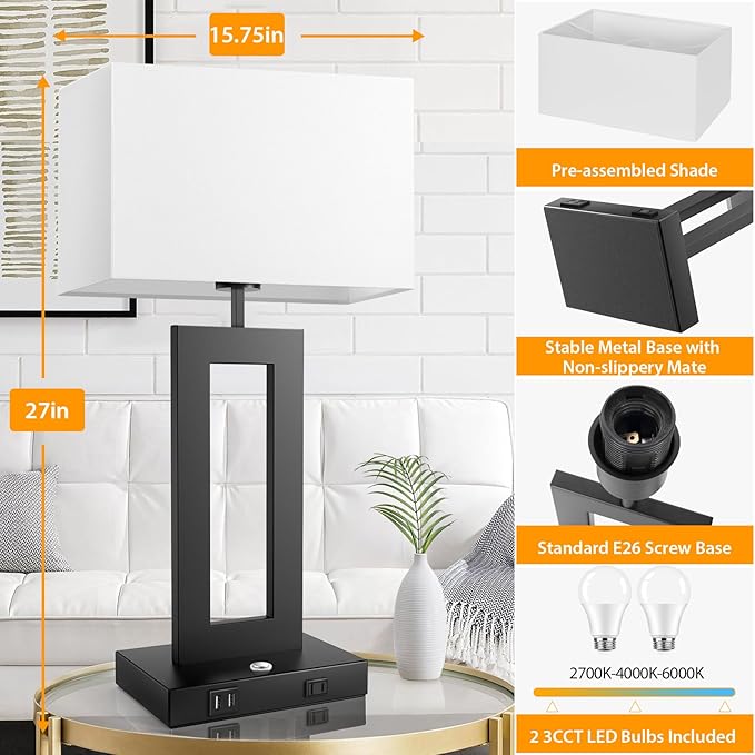 27.2’’ Tall Black Table Lamps for Living Room Bedroom, Bedside Touch Control Lamps with 2 USB Ports&AC Outlet, 3 Way Dimmable&Stepless Dimming Desk Lamp Sets for Home Office, Pre-assembled White Shade